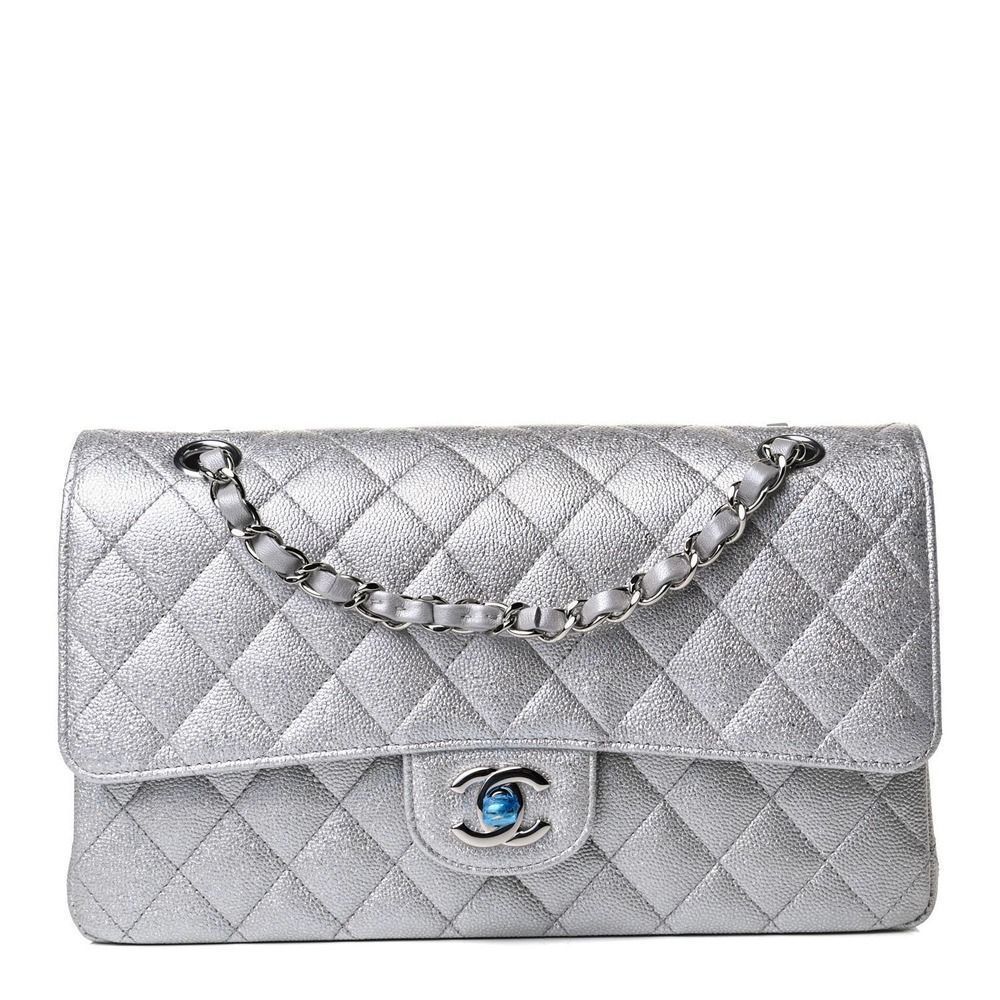 ββ CHANEL 21K Glittered Silver Metallic Caviar Quilted Medium Double Flap CC bag - Picture 1 of 14